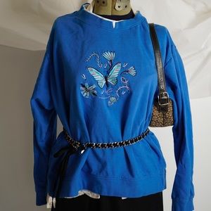 Vibrant Blue Embroidered Butterfly Crewneck Grandma Sweater